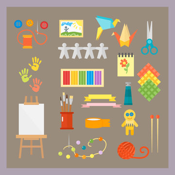 Themed kids creativity creation symbols poster in flat style with artistic objects for children art school fest unusual toys network movie vector illustration.