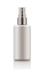Vector 3d realistic bottle with sprayer. Mock-up white plastic packaging for cosmetics spray. Blank template of container for liquid. Packaging of aerosol isolated on background.