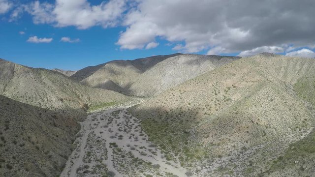 Scenic Drone Hover of Desert Valley, Mountains and Clouds