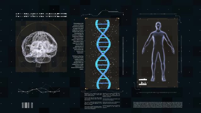 Medical futuristic interface. Shows the brain of the DNA and the human body. Investigation of the human genome and evolution. Maybe an artificial intelligence