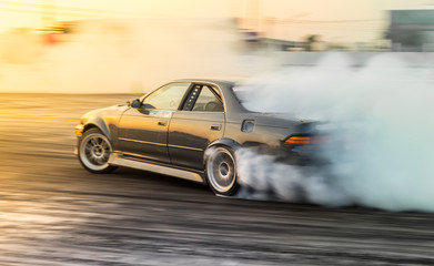 Motion automobile blur, Auto vehicle race car drift racing on speed track with lot of smoke tire burn. - obrazy, fototapety, plakaty
