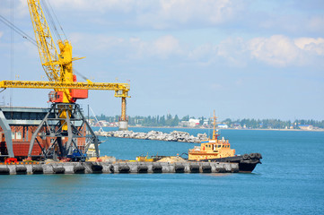 Tugboat and port cargo crane