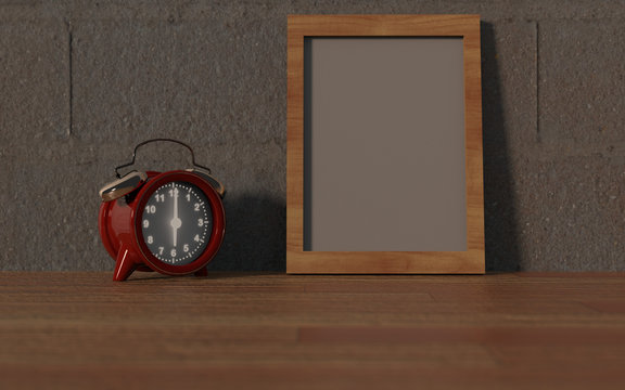 Clock on the morning with frame background, 3D Rendering.