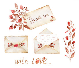 Watercolor floral set with elements:  Thank you tag in floral bouquet, envelope, letters, flowers and title “With love”. Love letter, postcard, burgundy pattern on white background. - 141582398