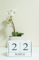 Closeup white wooden calendar with black 22 march word with white orchid flower on white wood desk and cream color wallpaper in room textured background , selective focus at the calendar