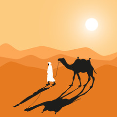 Man and camel do across desert. Cartoon hand made vector eps10 illustration.
