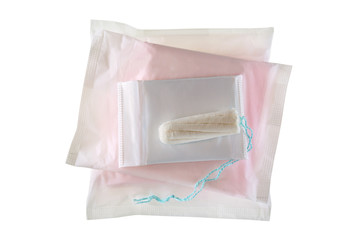 New unused tampon on pile of different types sizes of Sanitary napkins (sanitary towel, sanitary...