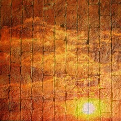 Old brick wall overlayed with blue sky, sunset technique