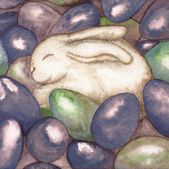 Easter bunny sleep in the colorful eggs / watercolor illustration postcard