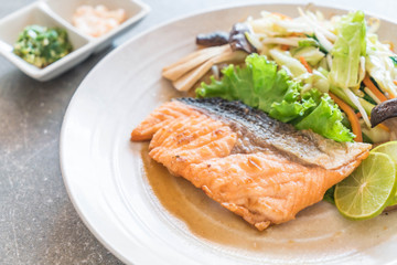 fried salmon steak with vegetable