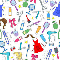 Seamless pattern on the theme of the Barber shop, tools, and accessories of Barber, colored icons on a white background
