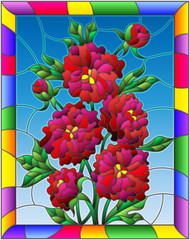 Illustration in stained glass style with flowers, buds and leaves of  red peonies on a blue background in a bright frame