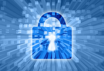 Illustrated locked padlock on abstract shiny blue colored illustration background.