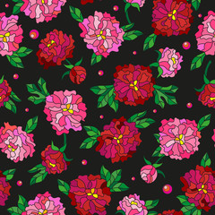 Seamless pattern with spring flowers in stained glass style, flowers, buds and leaves of  peonies on a dark background