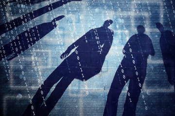 Group of people shadows with artistic conceptual binary code. Concept spy and anonymous background.