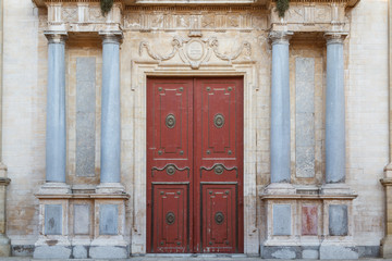 Facade of cathedral church in Vic town, Catalania, Spain