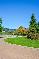 Park zone. Recreational area with green lawn and trees
