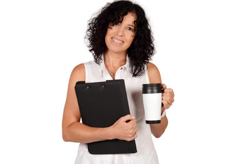 School teacher with coffee mug.