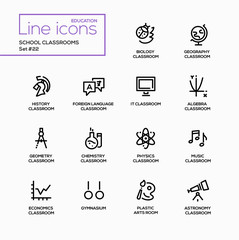 School Classrooms - modern vector single line icons set.