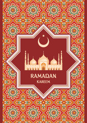 Fototapeta na wymiar Ramadan greeting card with the image of the big beautiful mosque and east ornament in Moorish style. Vector template