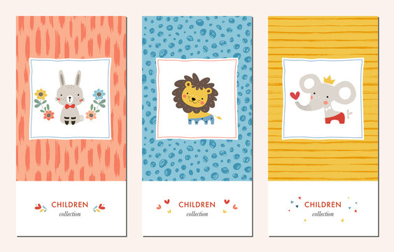 Vector set of trendy hand drawn seamless patterns and kid's design elements with bunny, lion, elephant and flowers. 