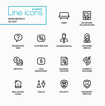 Bank branch - modern vector single line icons set.