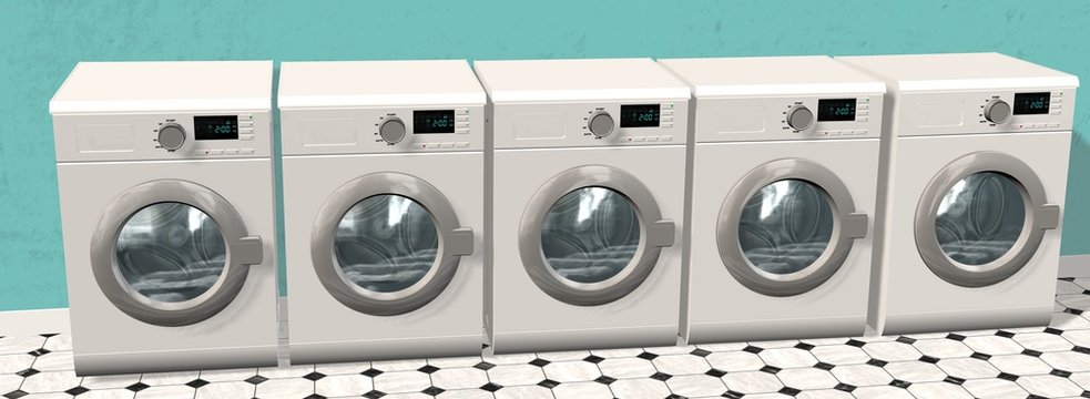 modern Washing Machines in an empty room with a shiny tiled floor 