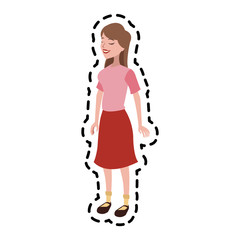 pretty brunette woman with pink top and red skirt icon image vector illustration design