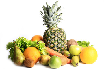 fresh fruits and vegetables for a healthy diet isolated on white background set for smoothies