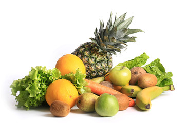 fresh fruits and vegetables for a healthy diet isolated on white background set for smoothies