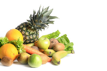 fresh fruits and vegetables for a healthy diet isolated on white background set for smoothies