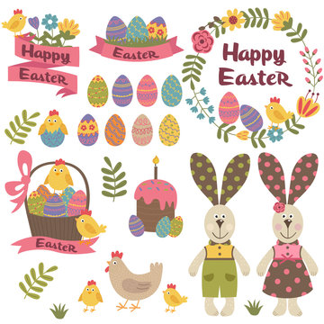 Set Of Isolated Happy Easter Design Elements  - Vector Illustration, Eps