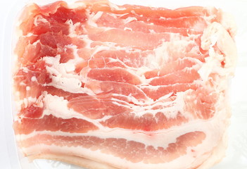The fresh slide bacon in food grade transparent packaging represent the raw material and meat concept related idea.