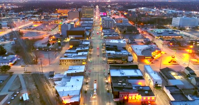Stunning twilight aerial view Downtown Appleton Wisconsin, College Avenue, city lights.