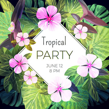 Bright green vector floral design template for summer party. Tropical flyer with green exotic palm leaves and pink flowers.