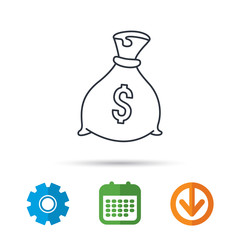 Sack with dollars icon. Money bag sign. Banking symbol. Calendar, cogwheel and download arrow signs. Colored flat web icons. Vector