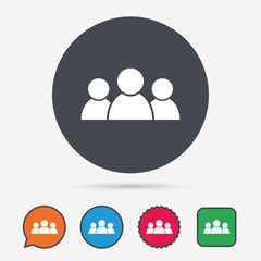 People icon. Group of humans sign. Team work symbol. Circle, speech bubble and star buttons. Flat web icons. Vector