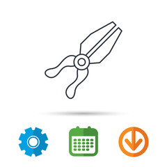 Pliers icon. Repairing fix tool sign. Calendar, cogwheel and download arrow signs. Colored flat web icons. Vector