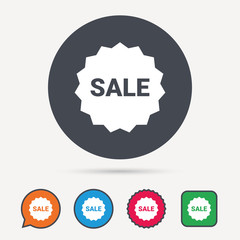 Sale icon. Special offer star symbol. Circle, speech bubble and star buttons. Flat web icons. Vector