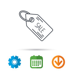 Sale shopping tag icon. Discount label sign. Calendar, cogwheel and download arrow signs. Colored flat web icons. Vector