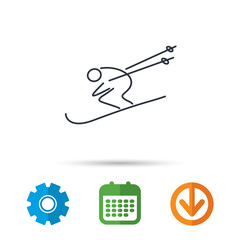 Skiing icon. Skis jumping extreme sport sign. Speed competition symbol. Calendar, cogwheel and download arrow signs. Colored flat web icons. Vector