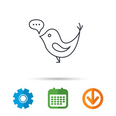 Fototapeta na wymiar Bird with speech bubble icon. Chat talk sign. Social media concept symbol. Calendar, cogwheel and download arrow signs. Colored flat web icons. Vector
