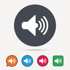 Sound icon. Music dynamic symbol. Circle, speech bubble and star buttons. Flat web icons. Vector