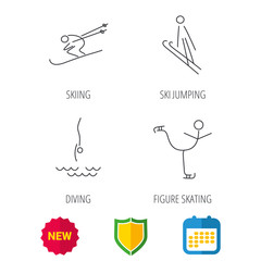 Diving, figure skating and skiing icons. Ski jumping linear sign. Shield protection, calendar and new tag web icons. Vector