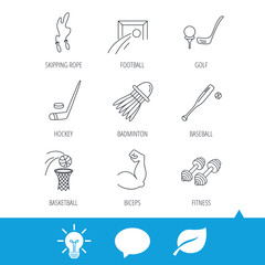 Skipping rope, football and golf icons. Hockey, baseball and badminton linear signs. Basketball, biceps and fitness sport icons. Light bulb, speech bubble and leaf web icons. Vector