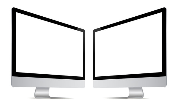 Computer monitor screen mockup with perspective view to showcase website design project in modern style. Monitors with blank screens isolated on white background. Vector illustration