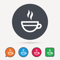 Tea cup icon. Hot coffee drink symbol. Circle, speech bubble and star buttons. Flat web icons. Vector