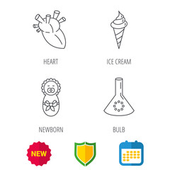 Newborn, heart and lab bulb icons. Ice cream linear sign. Shield protection, calendar and new tag web icons. Vector