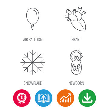 Newborn, heart and air balloon icons. Snowflake linear sign. Award medal, growth chart and opened book web icons. Download arrow. Vector