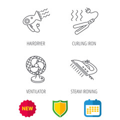 Steam ironing, curling iron and hairdryer icons. Ventilator linear sign. Shield protection, calendar and new tag web icons. Vector